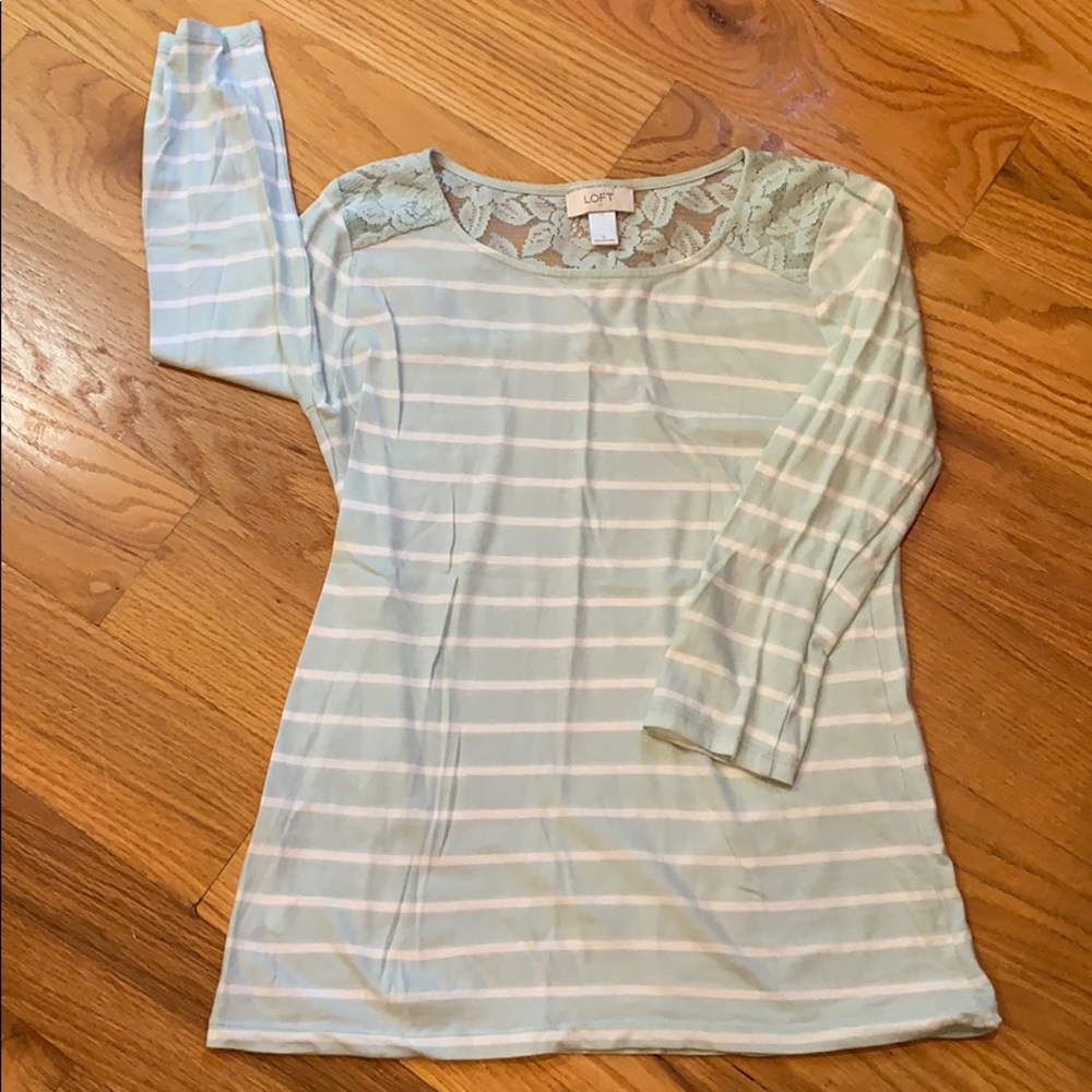 Loft Mint Green and White Stripe Top with Lace